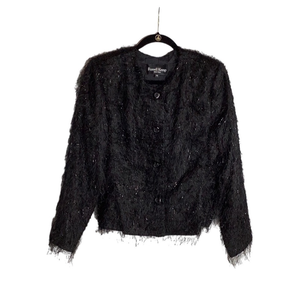 Russell Kemp Black Satin Style New York Threaded Evening Jacket in Size 14